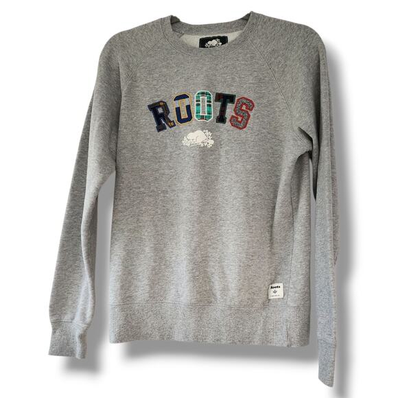 Roots Crewneck Pullover Sweatshirt Grey XS Patchwork Applique Plaid Cotton Gorp - Picture 1 of 9
